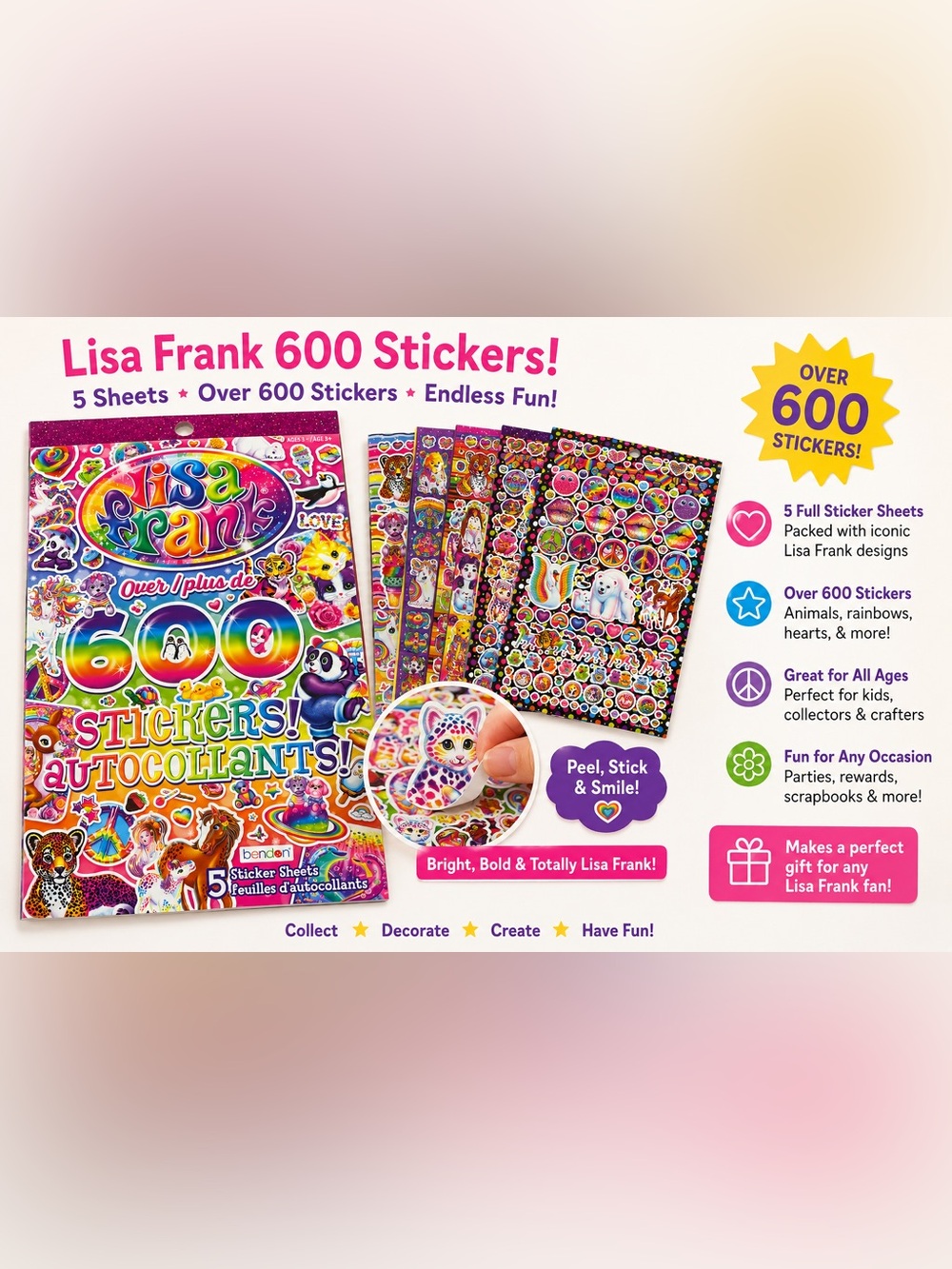 Lisa Frank Over 600 Stickers Book – 5 Sticker Sheets | New